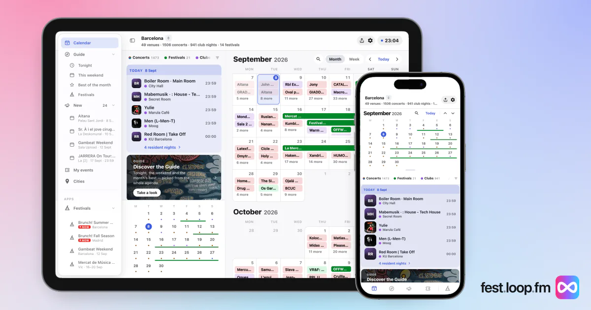 the loop.fm concert calendar on an iPad and an iPhone