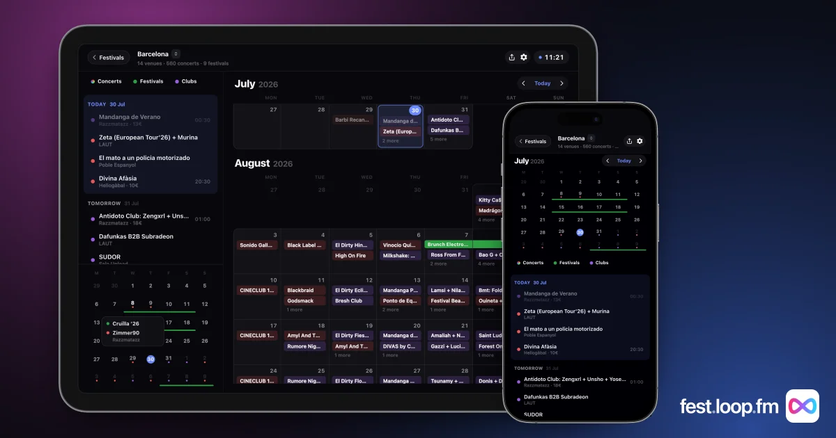 the loop.fm concert calendar on an iPad and an iPhone