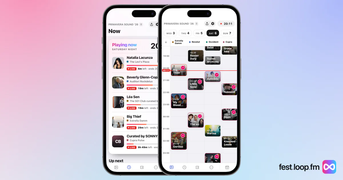 fest.loop.fm on two iPhones: the live Now view and the schedule grid