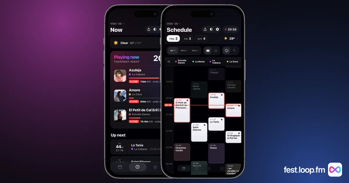 fest.loop.fm on two iPhones: the live Now view and the schedule grid